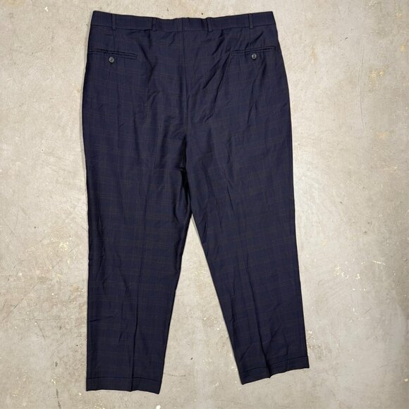 Mens Navy Blue Plaid Dress Pants Wool Pleated Trousers 38x31 - Picture 9 of 11